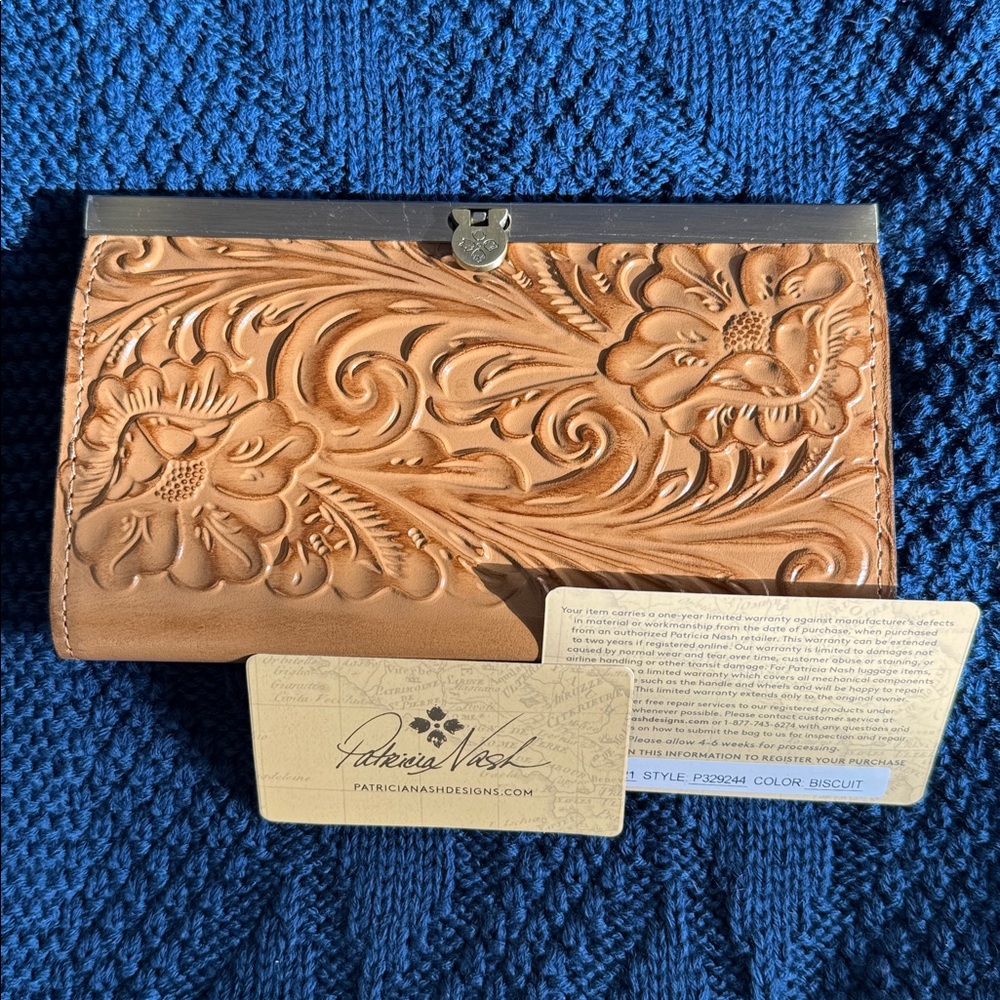 Patricia Nash Biscuit Tooled Floral Leather Wallet with Silver Frame